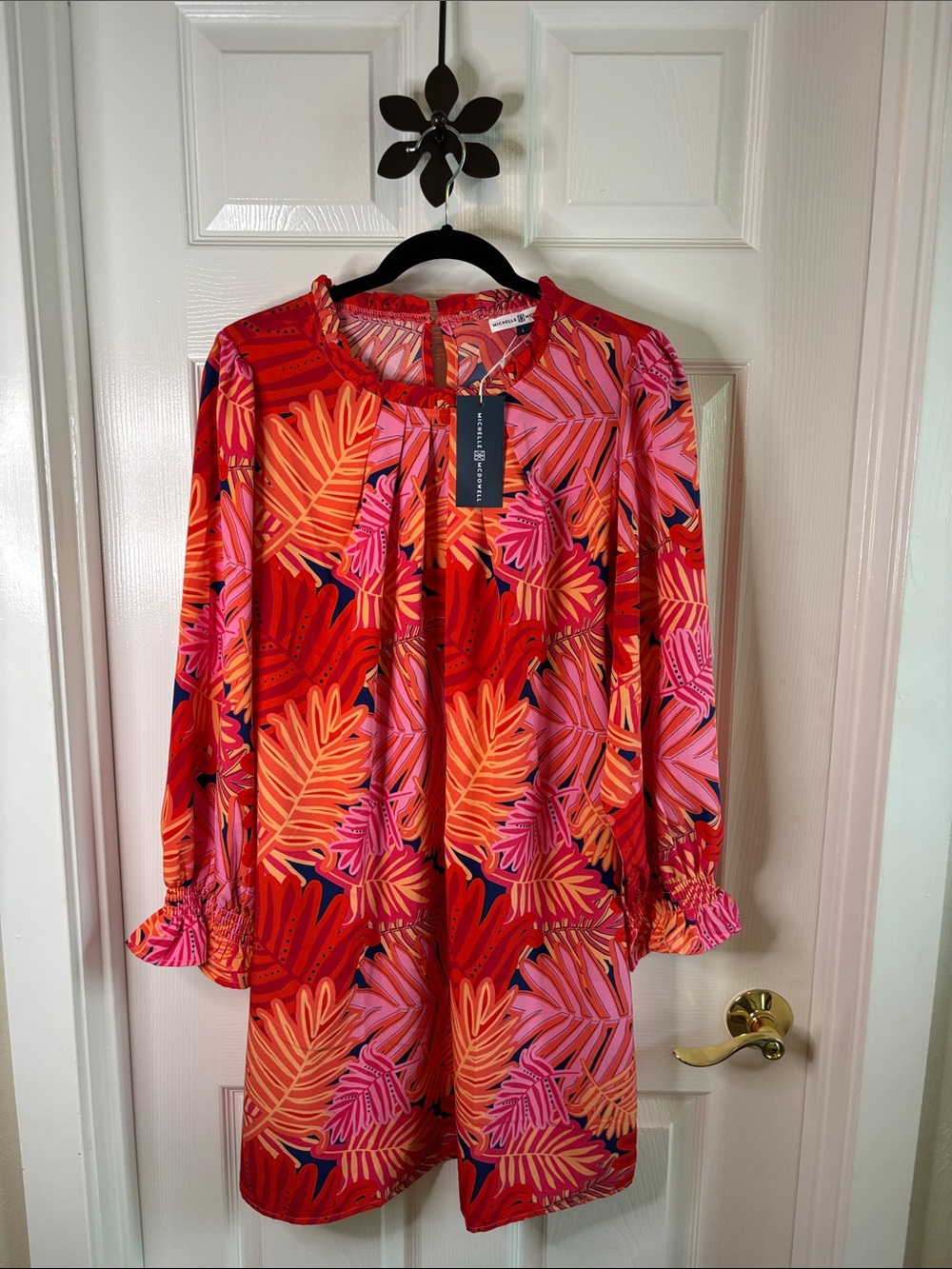 Michelle McDowell Color-Statement Tropical Leaf Long Sleeve Lightweight Dress-Lg